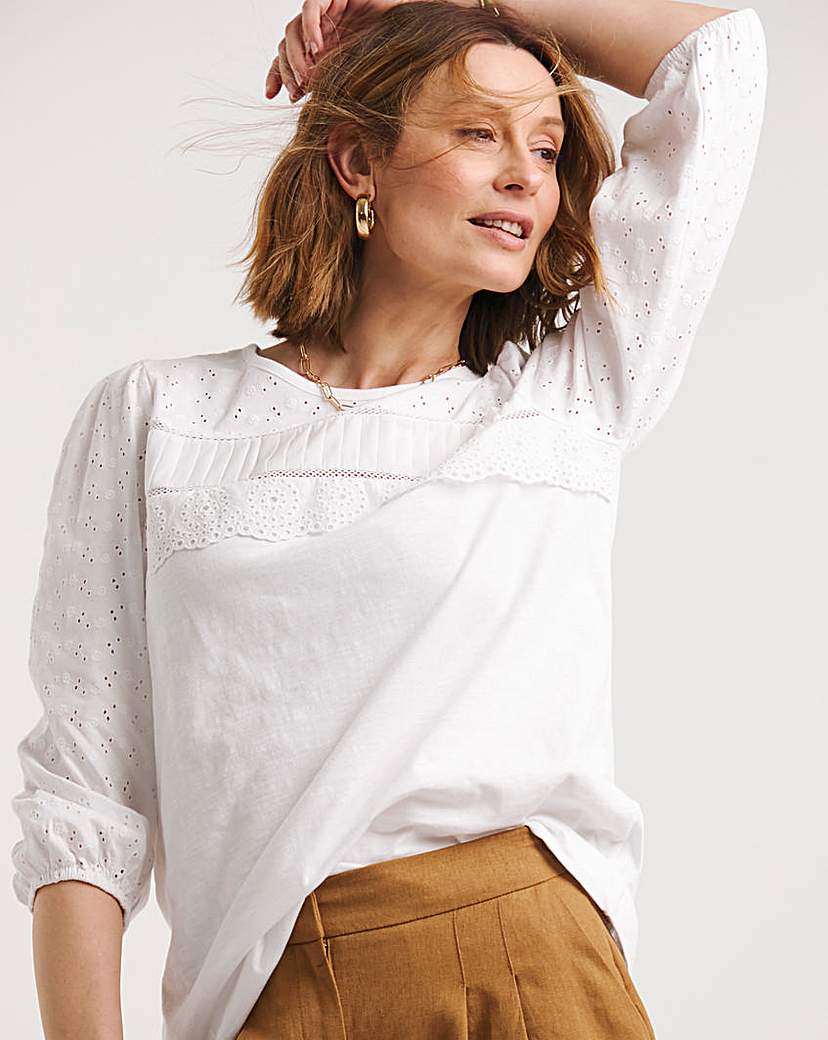 White Broderie 3/4 Sleeve Top