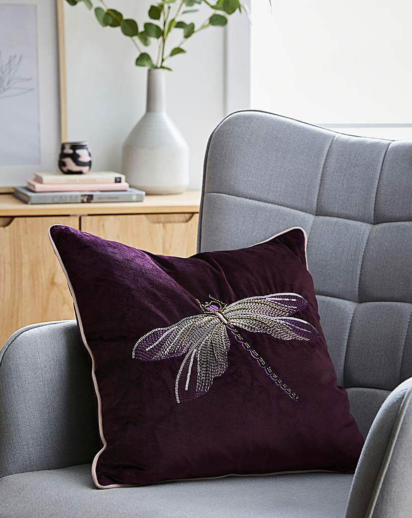 Embroidered Dragonfly cushion - Plum