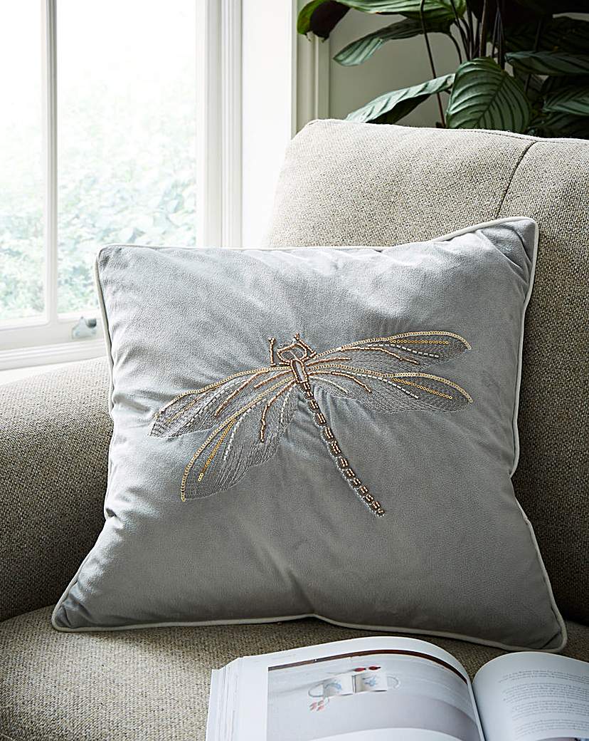 Embroidered Dragonfly cushion - Silver