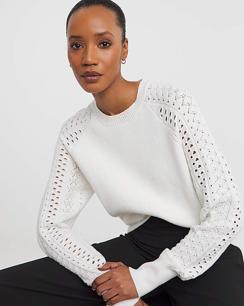 Pointelle Sleeve Stand Crew Neck Jumper