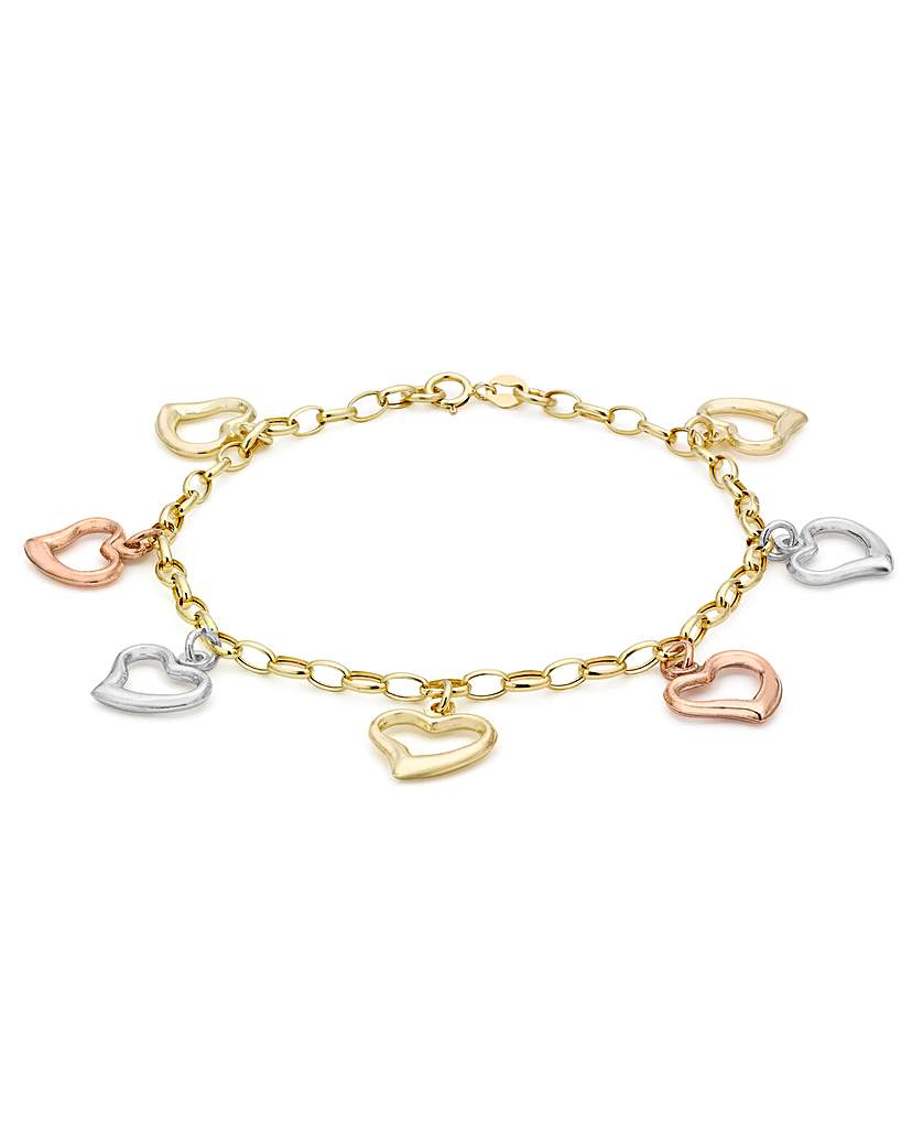 9ct 3-Colour Gold Heart Charm Bracelet