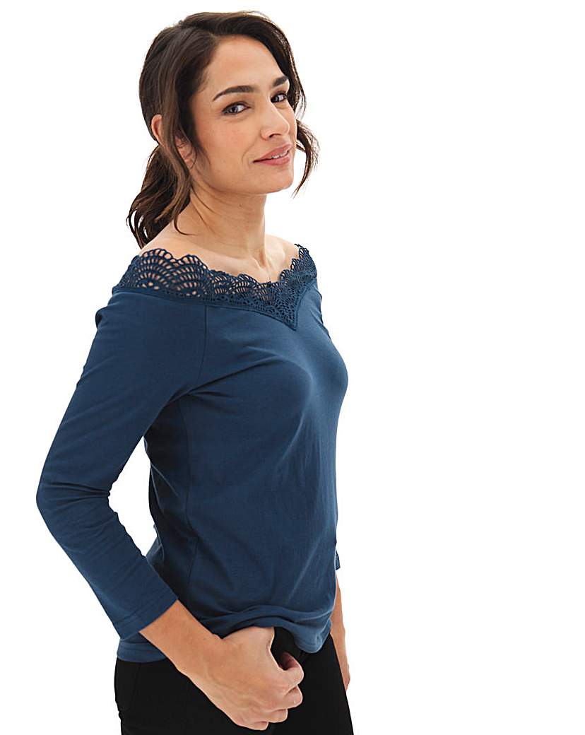 Image of Denim Blue Crochet Lace V Neck Top
