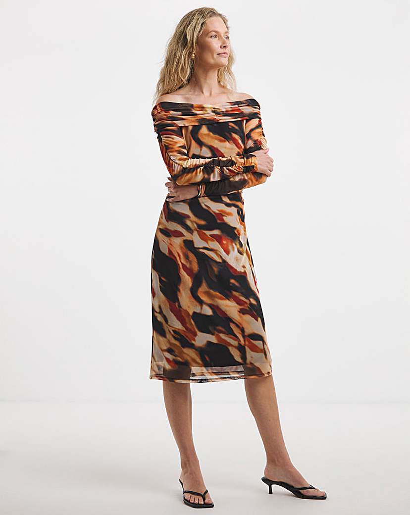 Mesh Rushed Bardot Dress