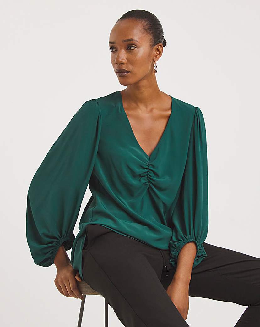 Ruched Front Balloon Sleeve Satin Top