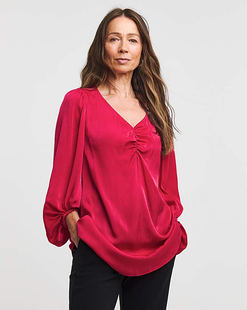 Ruched Front Balloon Sleeve Satin Top