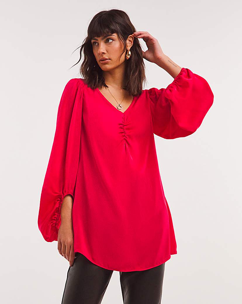 Ruched Front Balloon Sleeve Satin Top