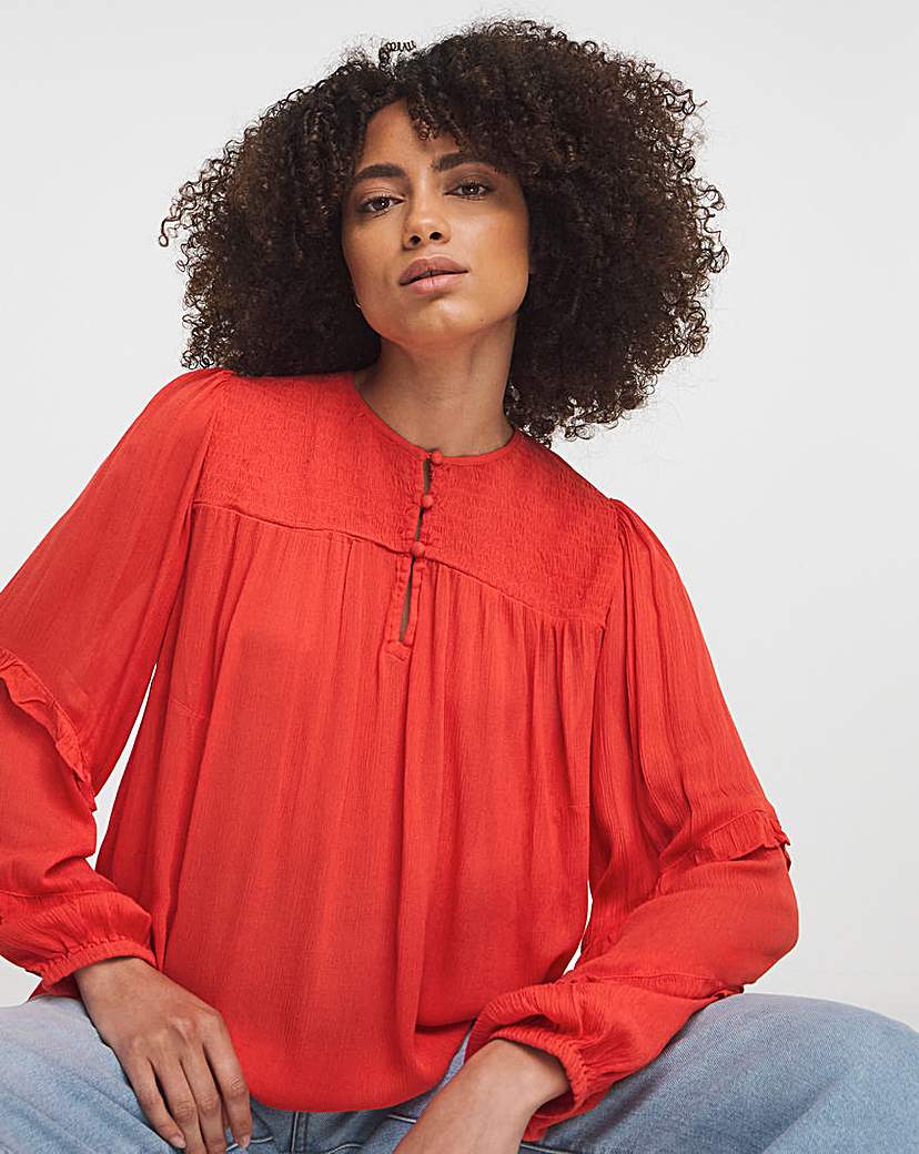 Shirred Yoke Top With Frill Sleeves