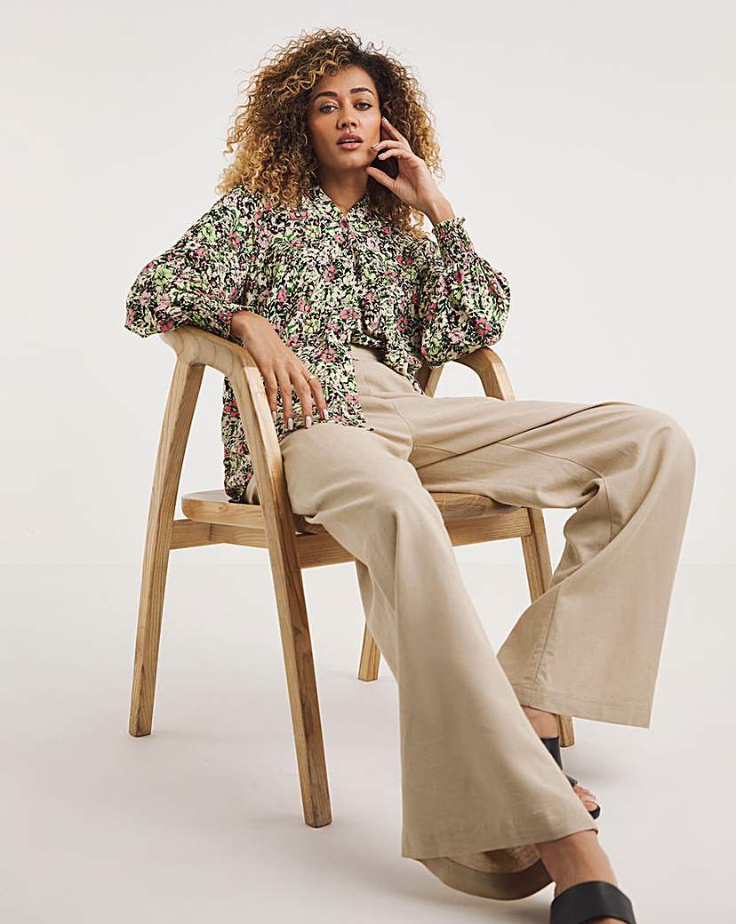 Collarless Blouse With Shirred Cuffs