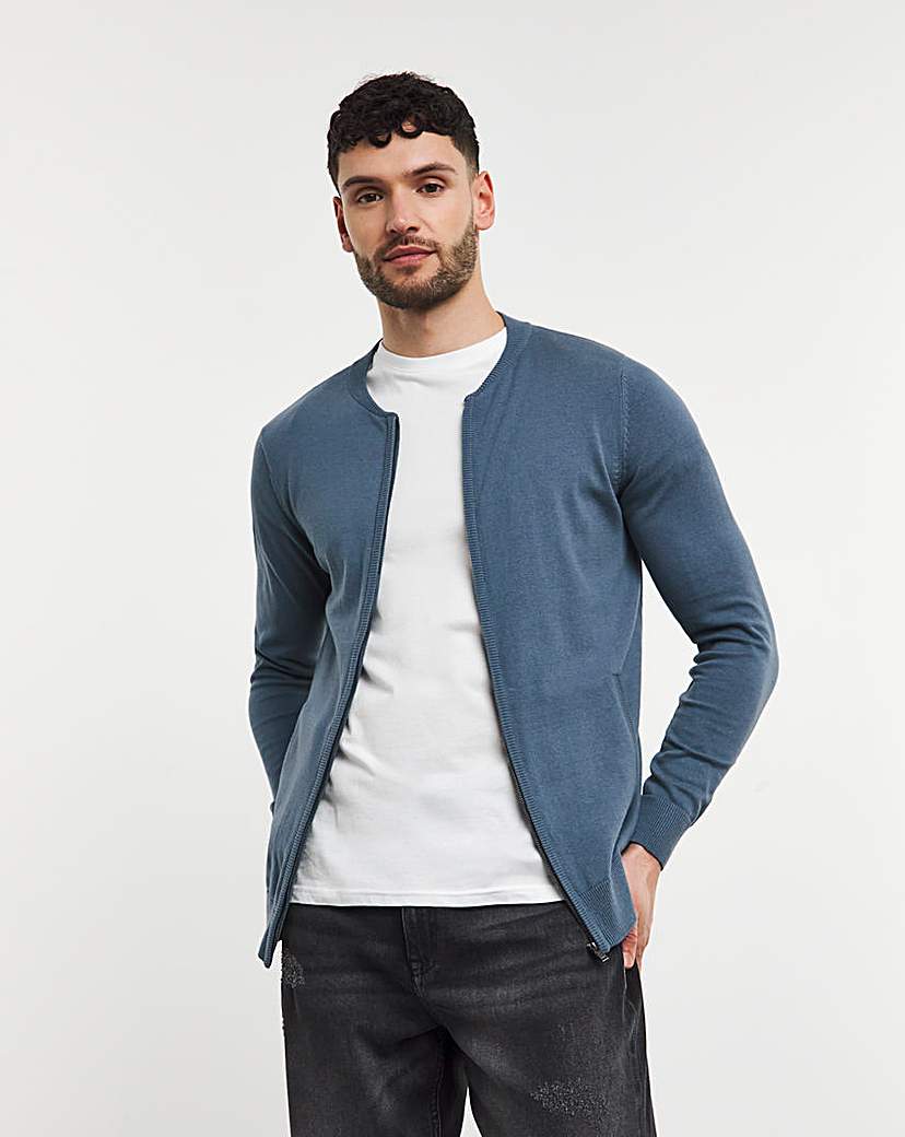 Blue Cotton Zip Up Knitted Bomber