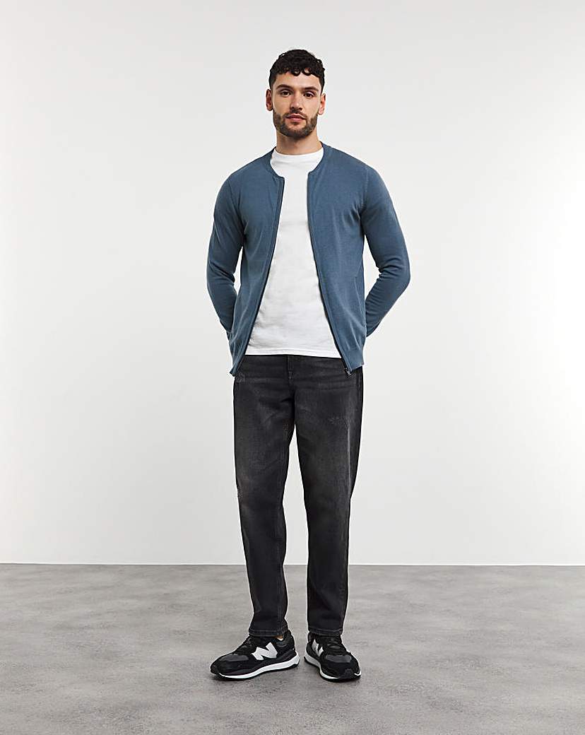 Blue Cotton Zip Up Knitted Bomber