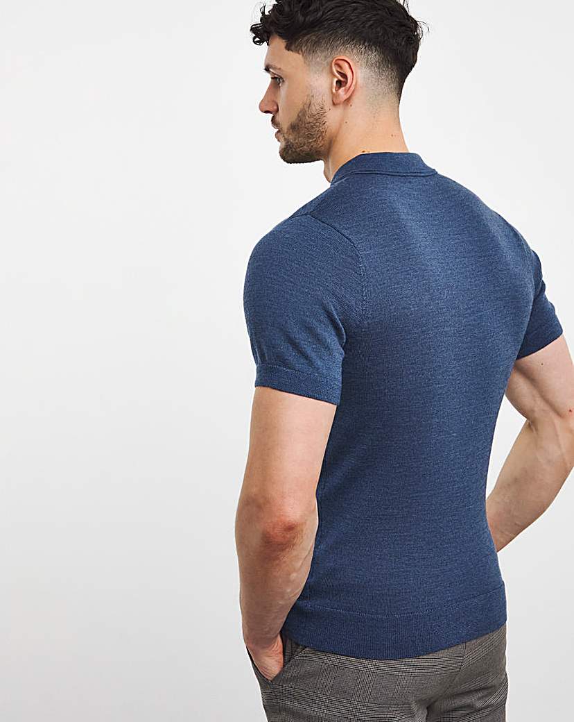 Navy Merino Wool Knitted Polo Slim Fit