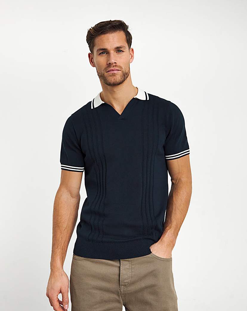 Navy Open Neck Knitted Polo