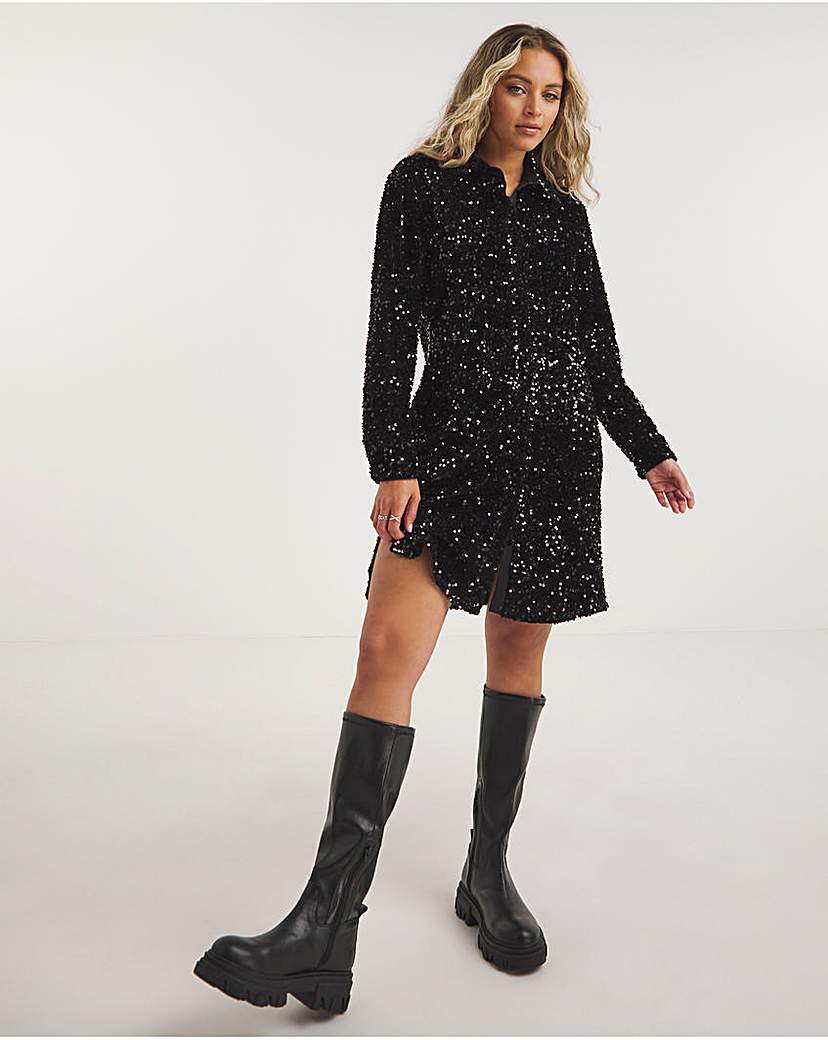 Black Sequin Shirt Dress