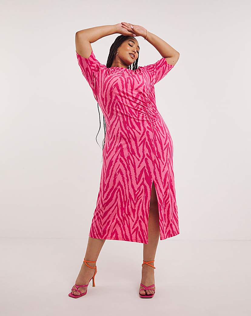 Pink Zebra Print Slinky Midi Dress