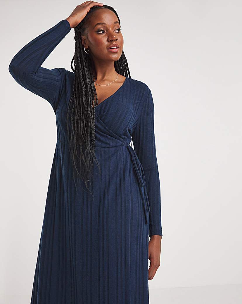 Navy Rib Wrap Midi Dress