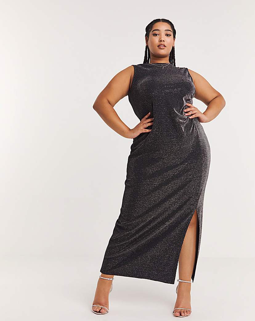 Black Glitter Knit Split Maxi Dress