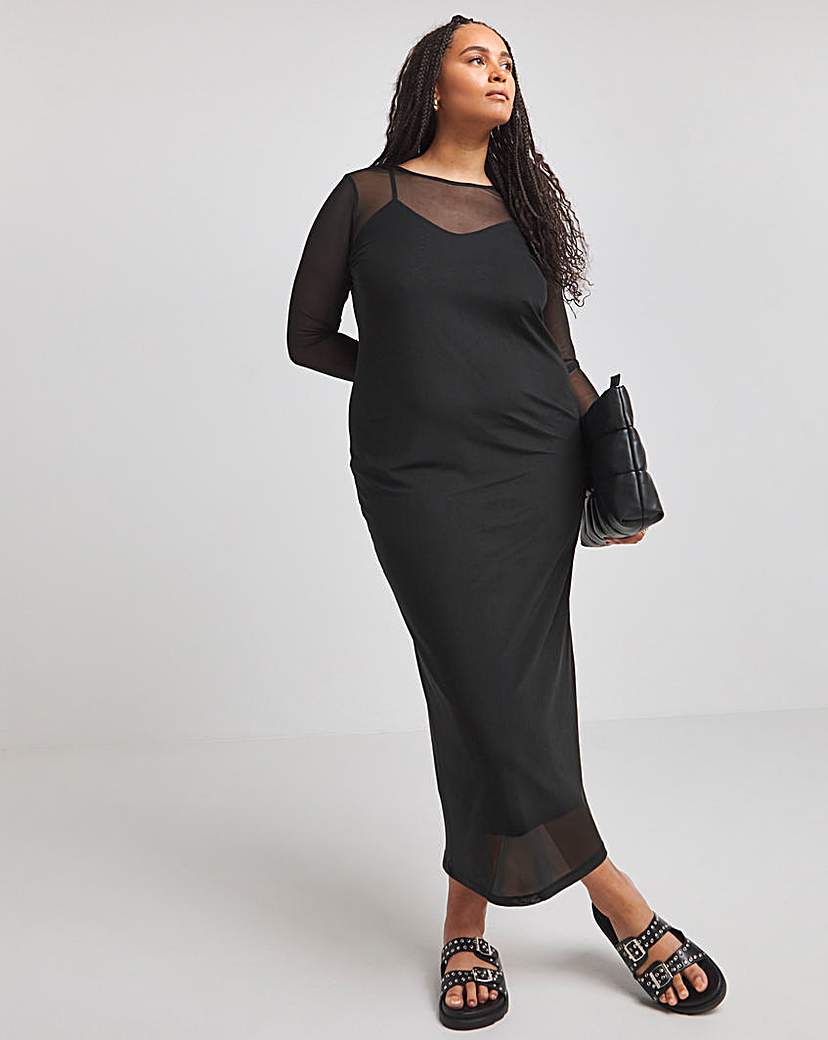 Black Mesh Midaxi Column Dress