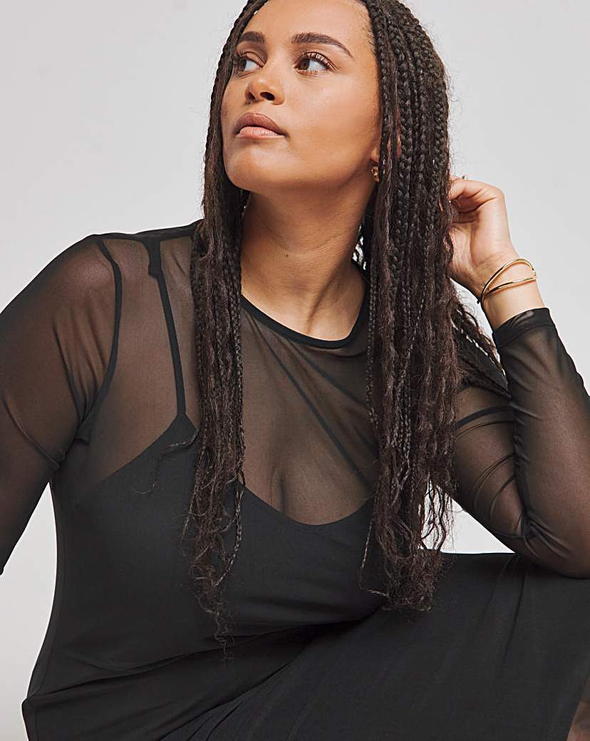 Black Mesh Midaxi Column Dress