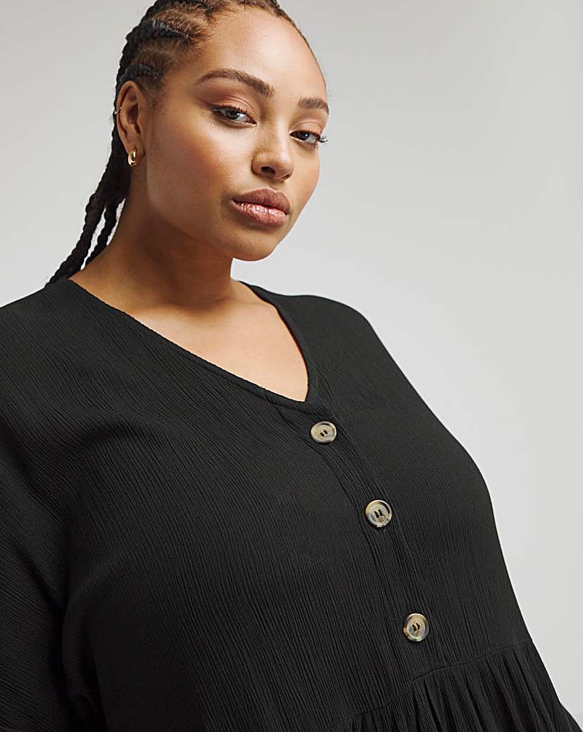 Black Crinkle Button Through Smock Dress