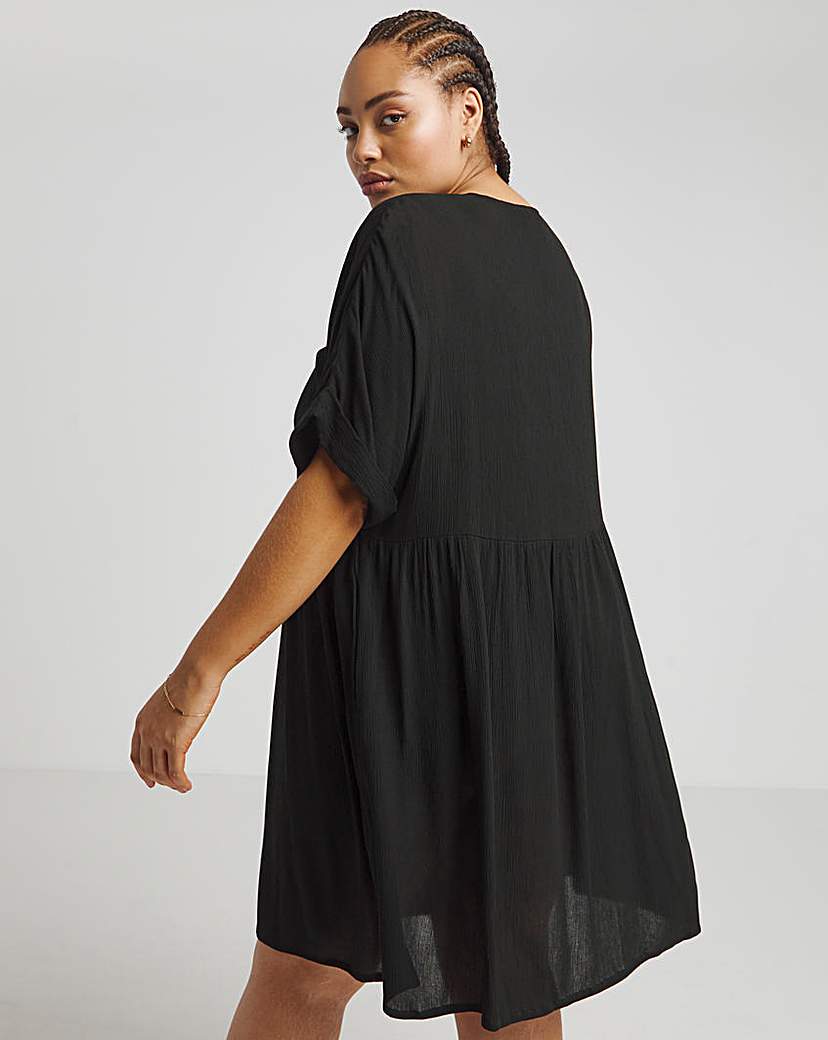 Black Crinkle Button Through Smock Dress