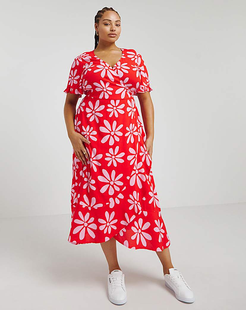 Pink/Red Crinkle Wrap Midi Dress