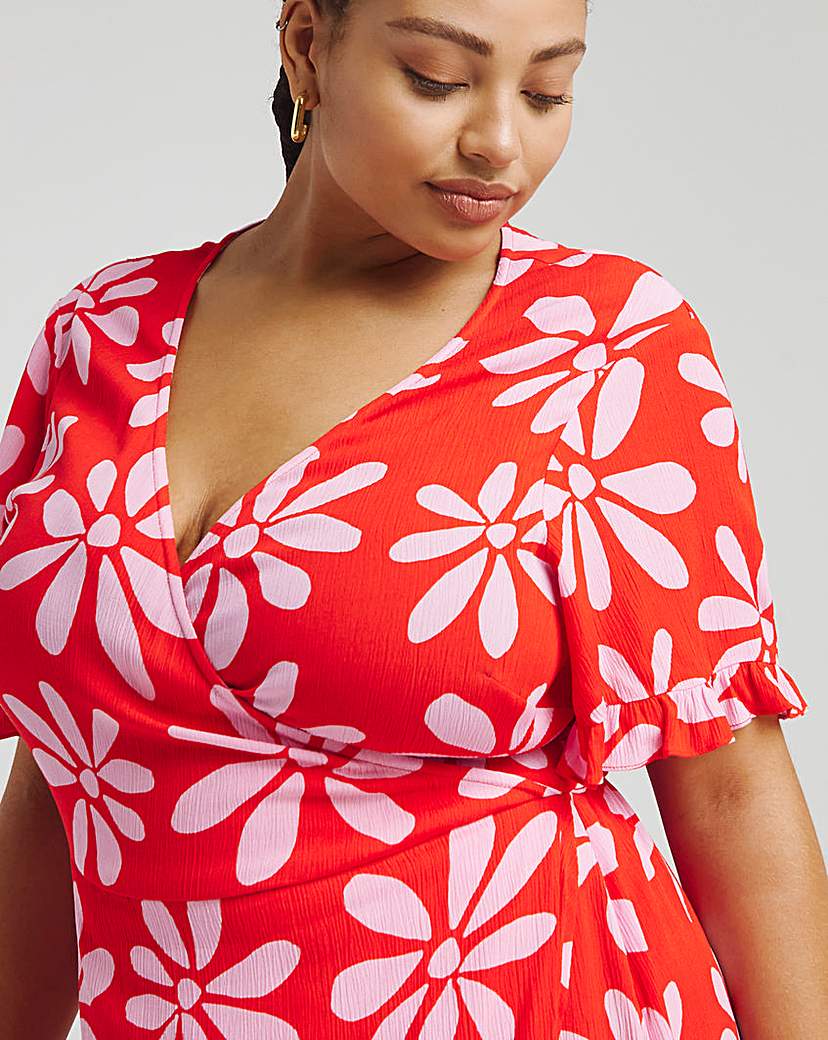 Pink/Red Crinkle Wrap Midi Dress