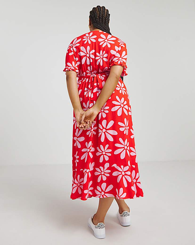 Pink/Red Crinkle Wrap Midi Dress