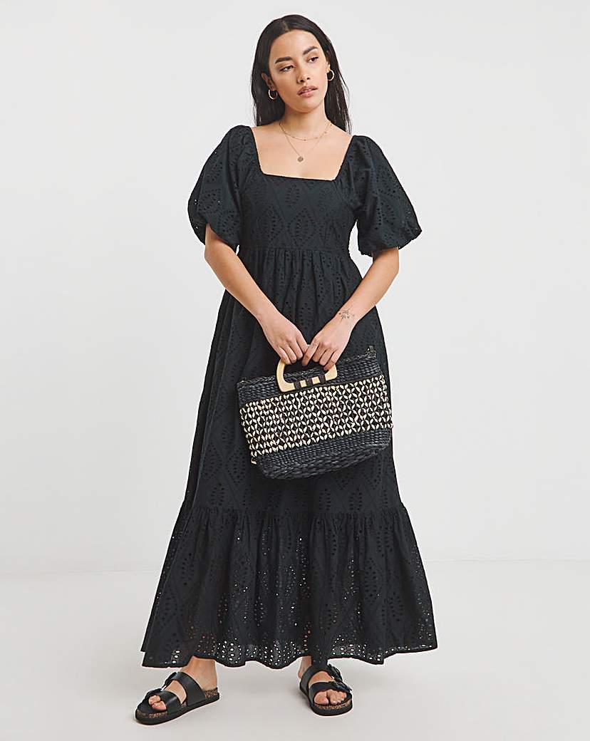 Black Square Neck Broderie Maxi Dress