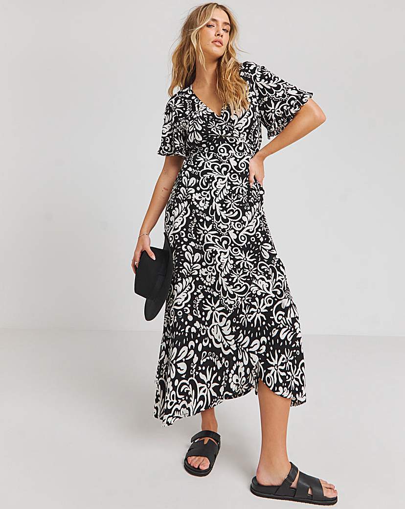 Mono Print Crinkle Wrap Dress