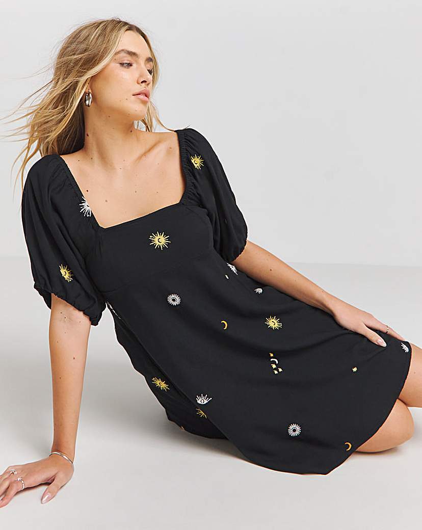 Black Embroidered Skater Dress