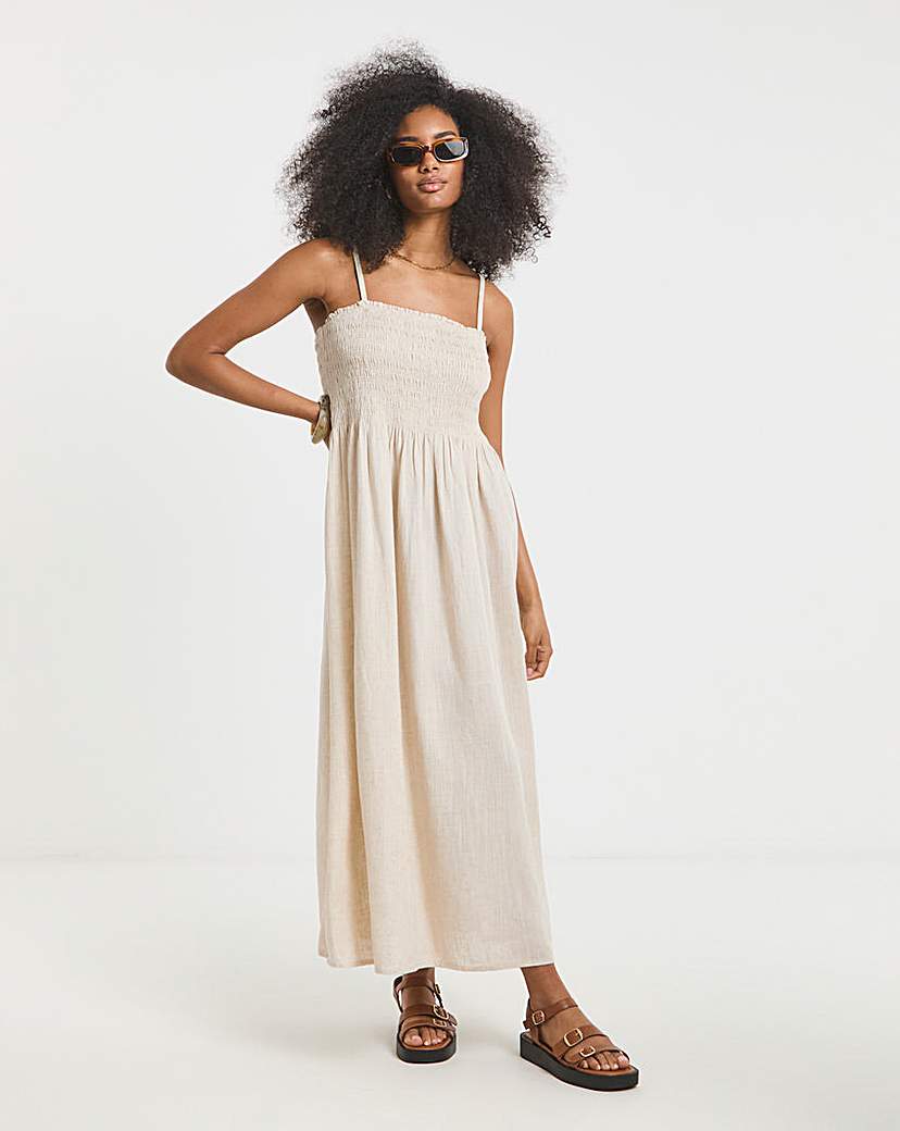 Shirred Bandeau Linen Blend Midi Dress
