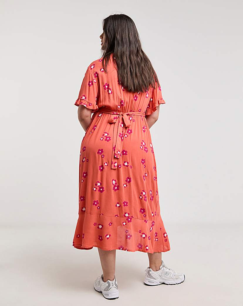 Orange Crinkle Wrap Midi Dress