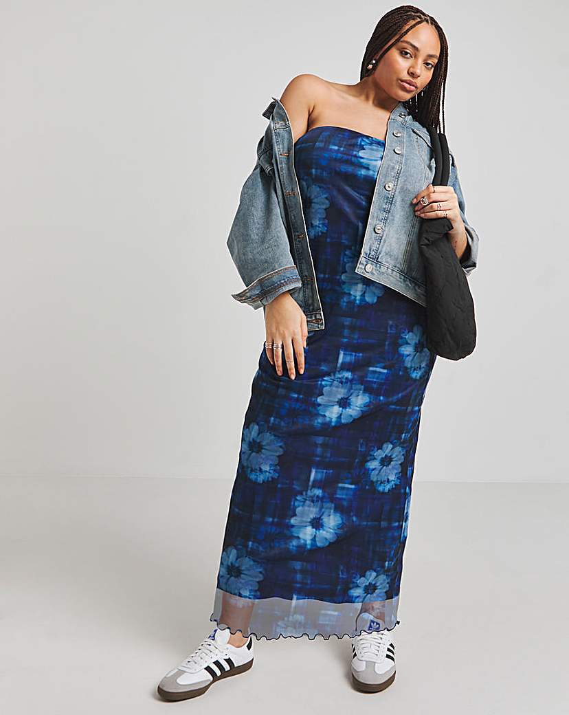 Blue Printed Mesh Bandeau Maxi Dress
