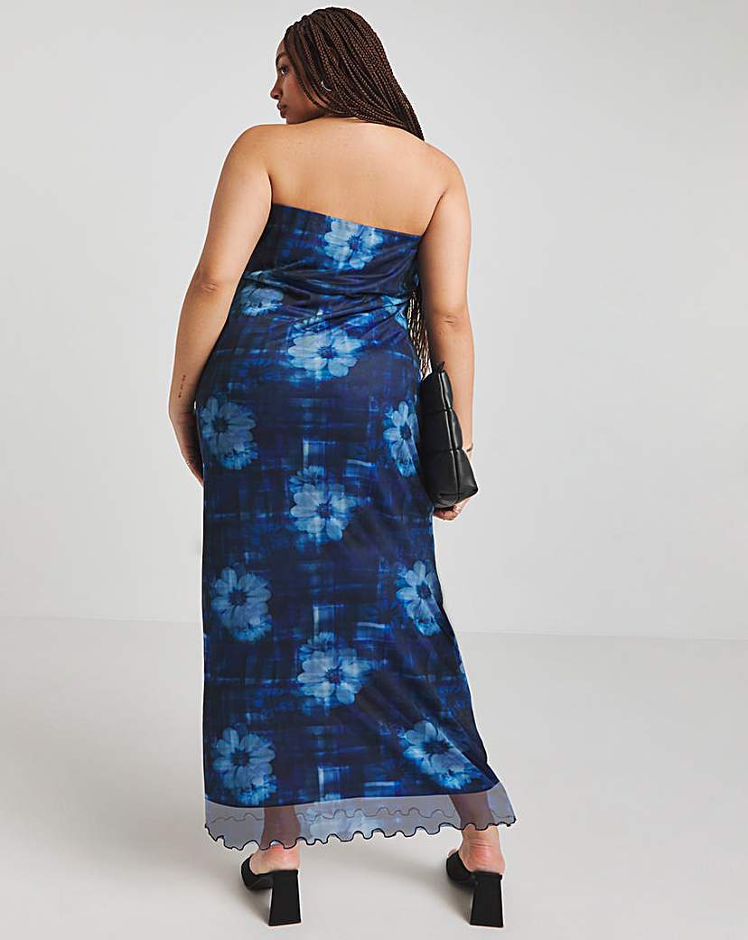 Blue Printed Mesh Bandeau Maxi Dress