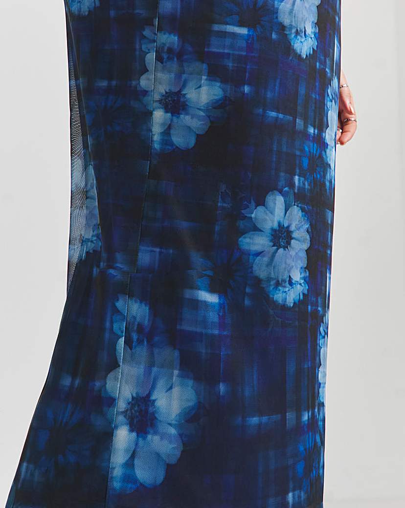Blue Printed Mesh Bandeau Maxi Dress