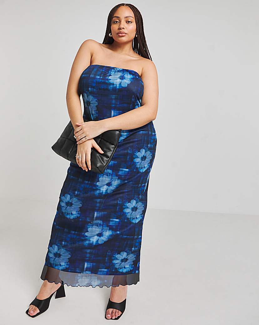 Blue Printed Mesh Bandeau Maxi Dress