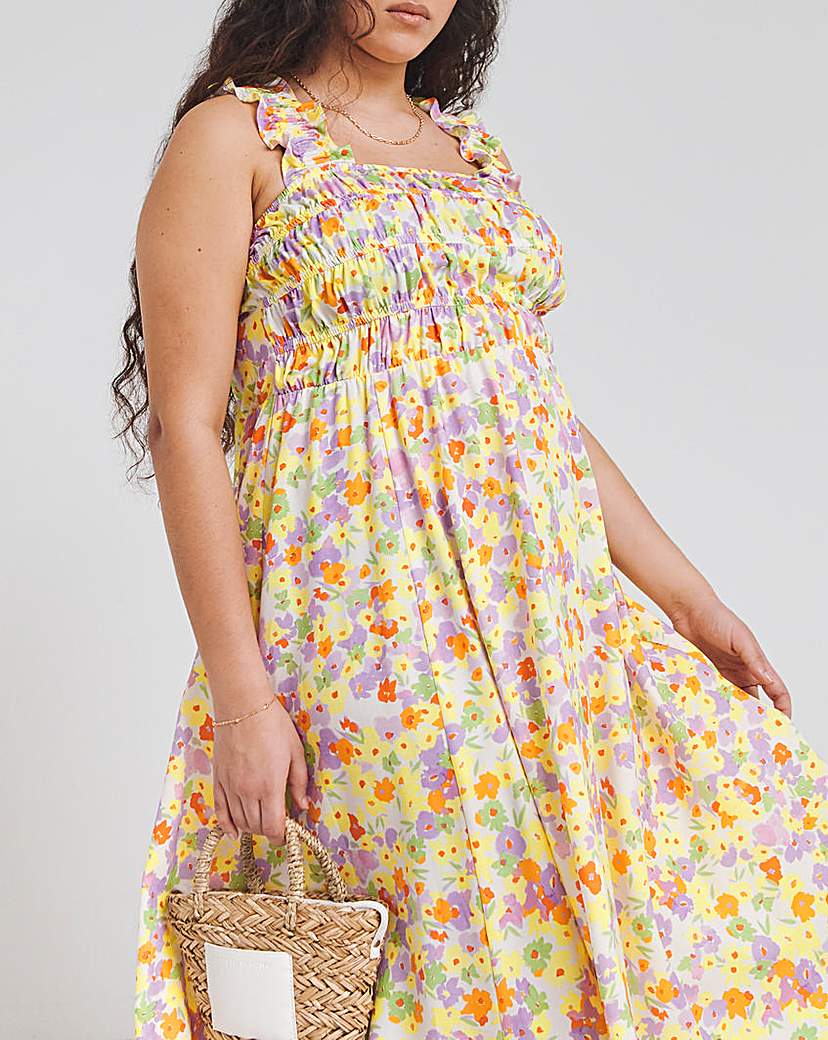 Floral Print Shirred Midi Sundress