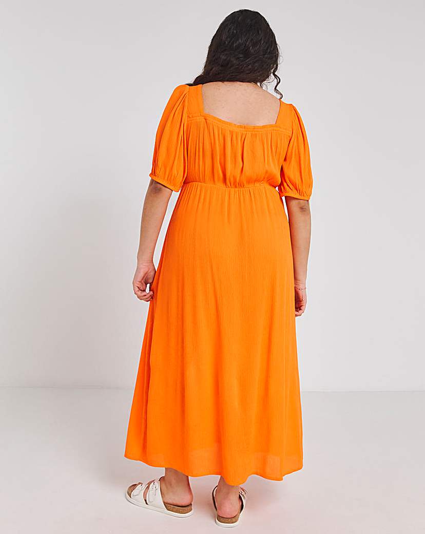 Orange Crinkle Button Through Midi Dress