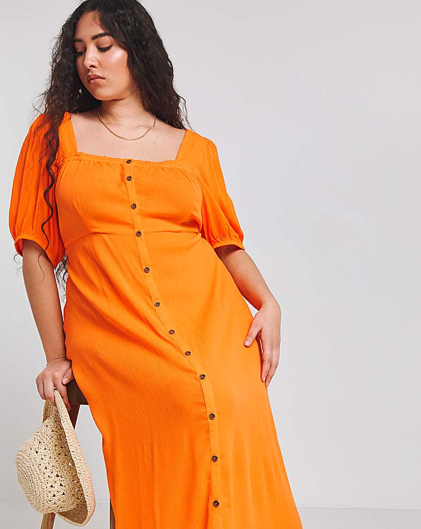 Orange Crinkle Button Through Midi Dress