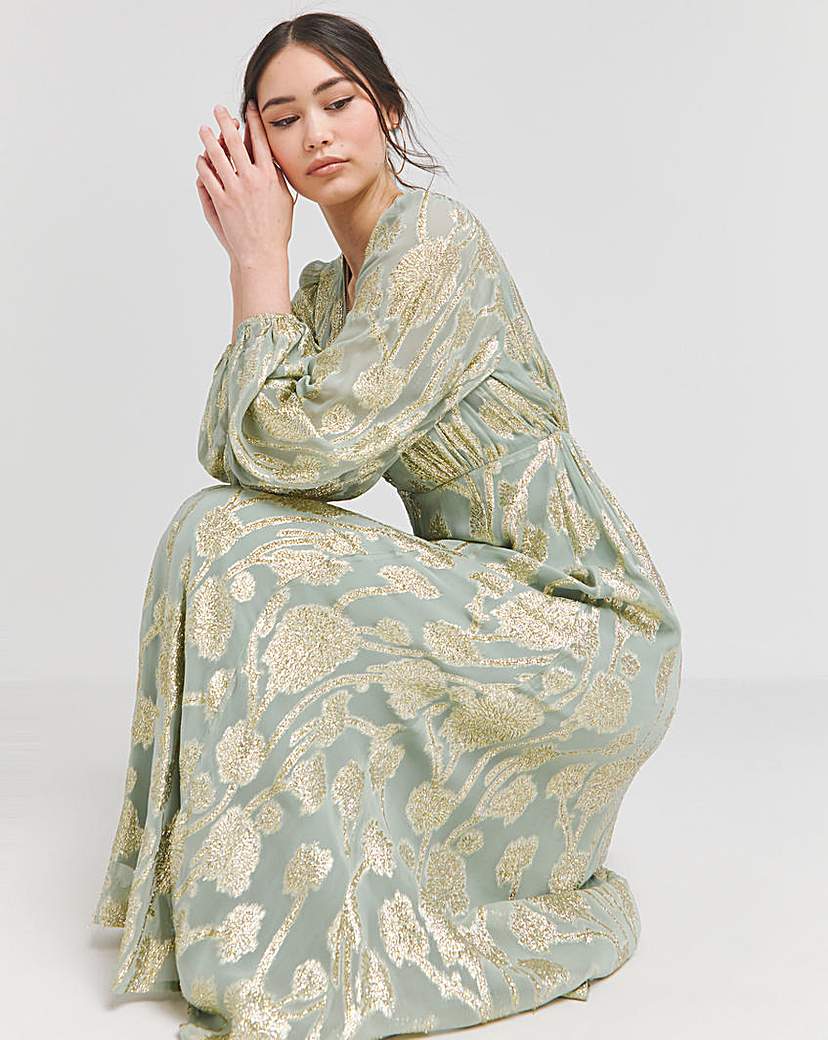 Sage Foil Jacquard Maxi Dress