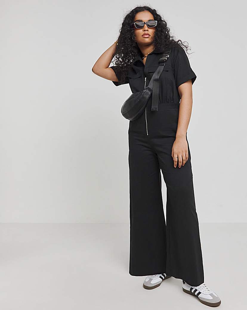 Black Zip Up Utility Twill Wide Leg Jumpsuit With Pockets Simply Be