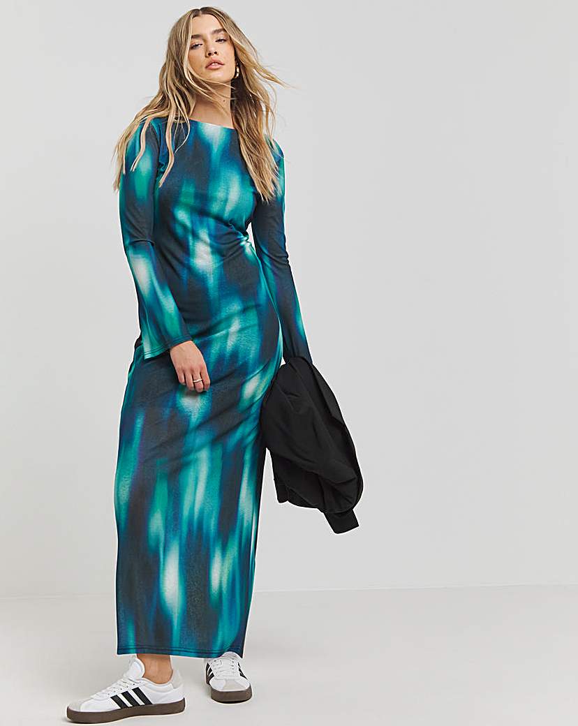 Printed Scoop Back Mesh Maxi Dress