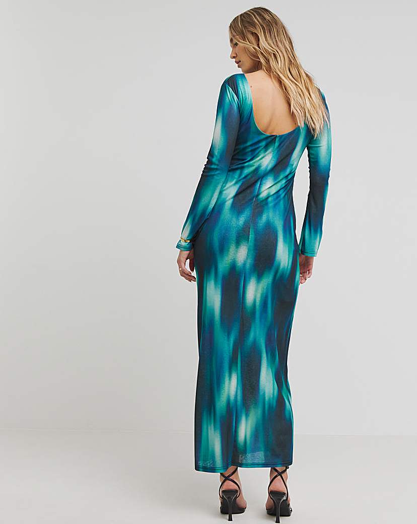 Printed Scoop Back Mesh Maxi Dress