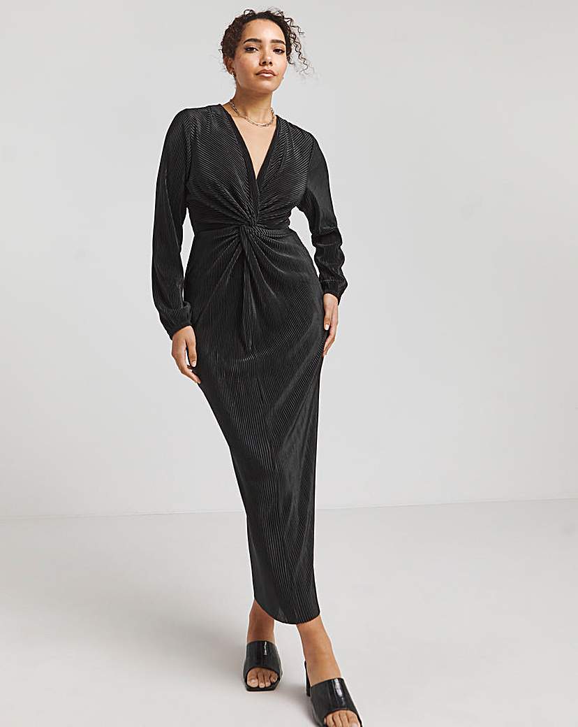 Black Plisse Twist Front Midi Dress