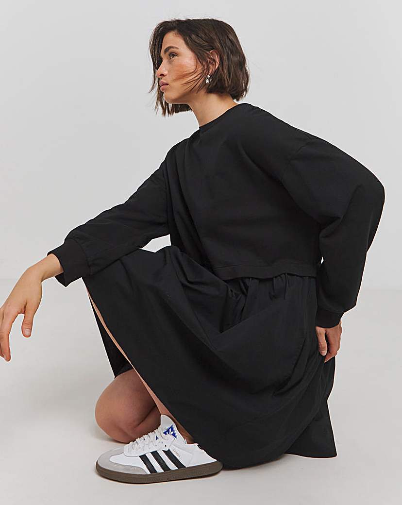 Black Sweatshirt Poplin Mix Smock Dress