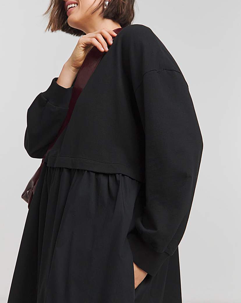 Black Sweatshirt Poplin Mix Smock Dress