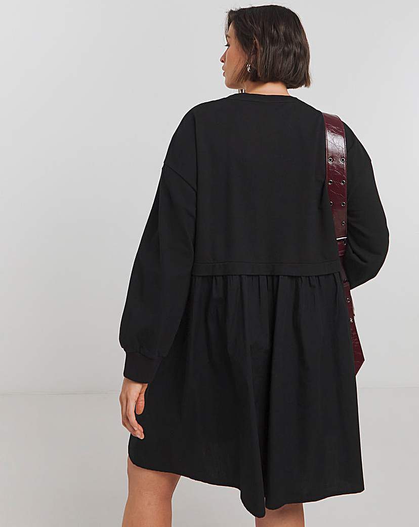 Black Sweatshirt Poplin Mix Smock Dress