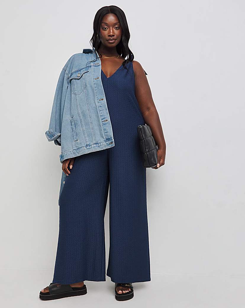 Navy Textured Jersey Jumpsuit