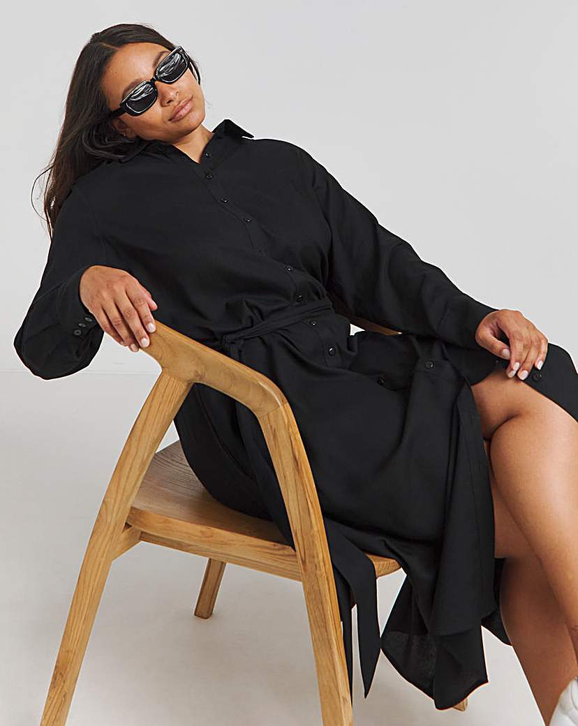 Black Tie Waist Midi Shirt Dress