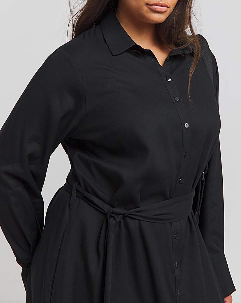 Black Tie Waist Midi Shirt Dress